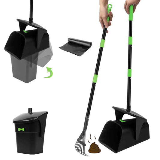 SZHLUX Pooper Scooper with Heavy Duty Swivel Bin & Rake Long Handle for Medium/Small Dogs - Green（Includes 10 Waste Bags） - King & Paws