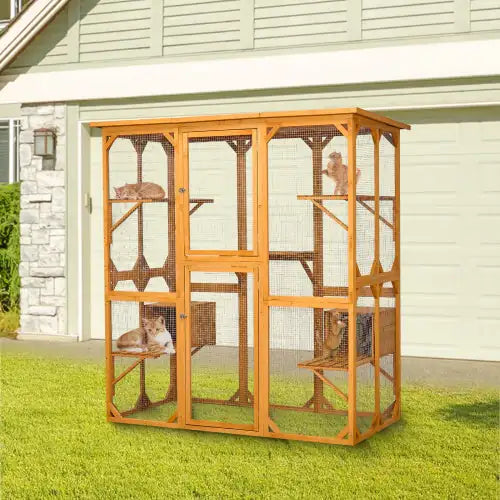 Outdoor Cat Enclosure With Roof 72 Inch High Cat Cabin Large Cat Cage - King & Paws